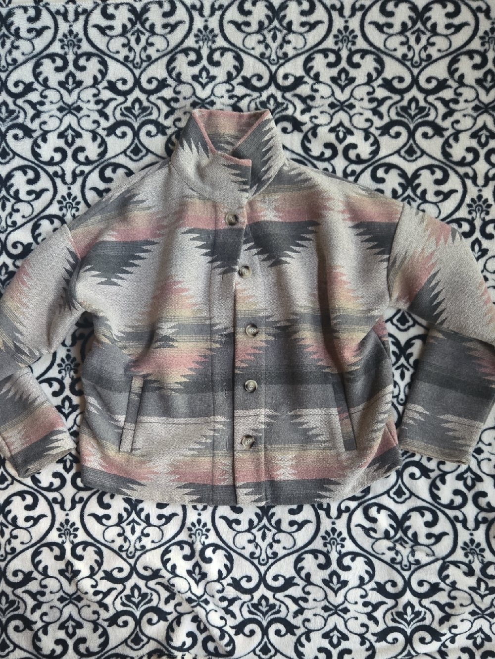 Woven Aztec-Print Button Front Jacket - Gray & Pink
